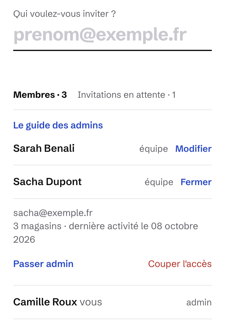 « Mon équipe », « Membres » : la ligne d'une personne est ouverte, avec les mots « Passer admin » et « Couper l'accès ».