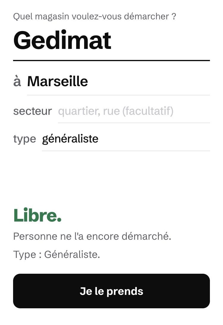 « Gedimat » à « Marseille » : l'outil répond « Libre. » et propose le bouton « Je le prends ».