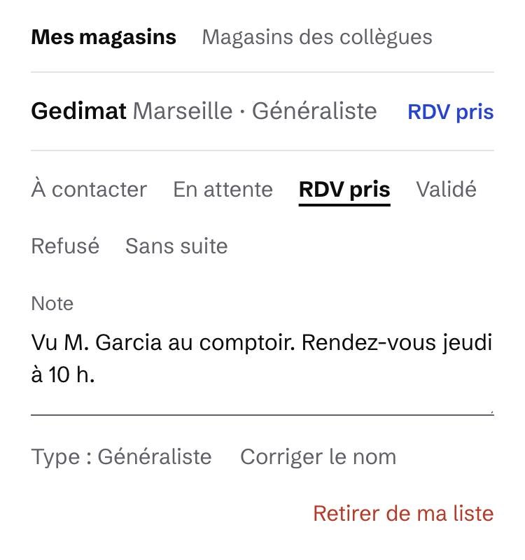 « Gedimat » ouvert : le statut « RDV pris » est choisi, la note dit « Vu M. Garcia au comptoir. Rendez-vous jeudi à 10 h. »