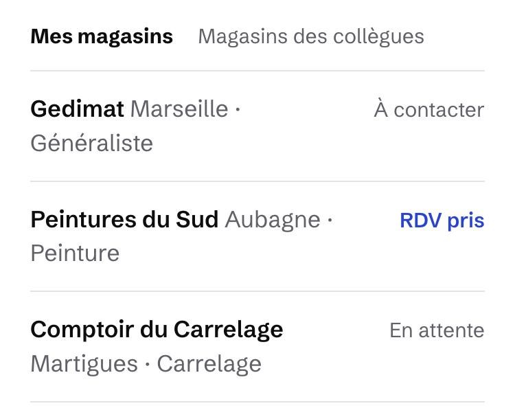 « Mes magasins » : Gedimat, Peintures du Sud, Comptoir du Carrelage.
